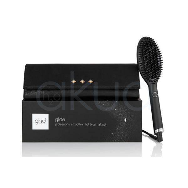 Cepillo ghd Glide Gift Set el color predominante en la imagen es negro y algunos detalles, como el anillo cerca de la base del mango, son metálicos en tono plateado H2o Akua