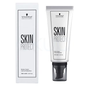 Crema protectora Skin Protect Schwarzkopf 100ml El color predominante es blanco, tanto en el envase como en la caja del producto. Los detalles, como el texto y los bordes, son de color negro. La tapa del dispensador es de color negro con una parte translúcida gris oscuro H2o Akua