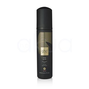 Espuma ghd volumen Body Goals 200ml envase cilíndrico en color negro mate con detalles gráficos y el logotipo en dorado, junto con inscripciones en blanco y dorado H2o Akua