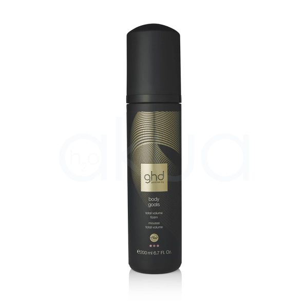 Espuma ghd volumen Body Goals 200ml envase cilíndrico en color negro mate con detalles gráficos y el logotipo en dorado, junto con inscripciones en blanco y dorado H2o Akua