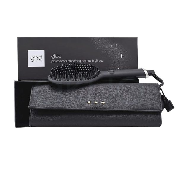 Cepillo ghd Glide Gift Set el color predominante en la imagen es negro y algunos detalles, como el anillo cerca de la base del mango, son metálicos en tono plateado H2o Akua