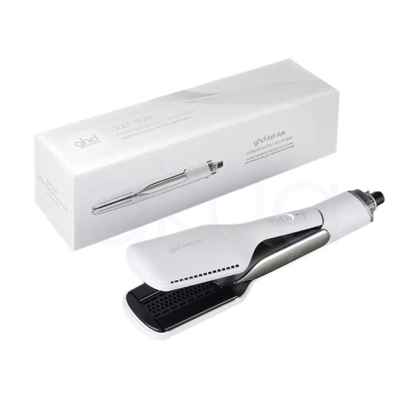 Plancha ghd Duet 2 en 1 tiene un diseño moderno y ergonómico, con acabado blanco mate y detalles en negro y plateado H2o Akua
