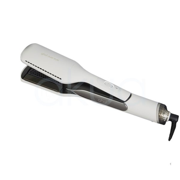 Plancha ghd Duet 2 en 1 tiene un diseño moderno y ergonómico, con acabado blanco mate y detalles en negro y plateado H2o Akua