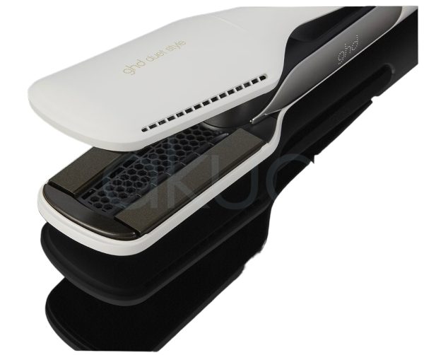 Plancha ghd Duet 2 en 1 tiene un diseño moderno y ergonómico, con acabado blanco mate y detalles en negro y plateado H2o Akua