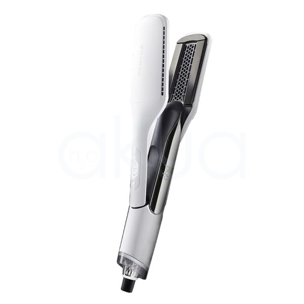 Plancha ghd Duet 2 en 1 tiene un diseño moderno y ergonómico, con acabado blanco mate y detalles en negro y plateado H2o Akua