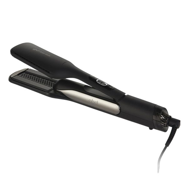 Plancha ghd Duet 2 en 1 tiene un diseño moderno y ergonómico con acabado negro mate y detalles metálicos en plateado H2o Akua