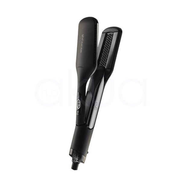 Plancha ghd Duet 2 en 1 tiene un diseño moderno y ergonómico con acabado negro mate y detalles metálicos en plateado H2o Akua