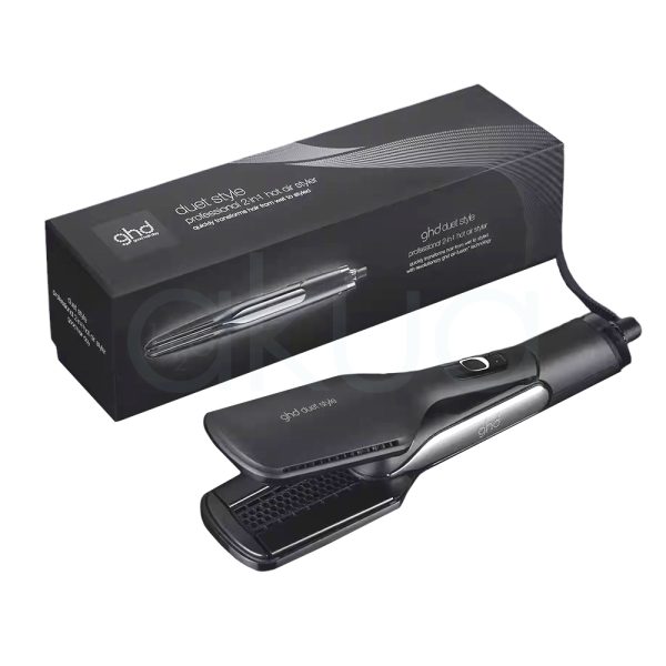 Plancha ghd Duet 2 en 1 tiene un diseño moderno y ergonómico con acabado negro mate y detalles metálicos en plateado H2o Akua