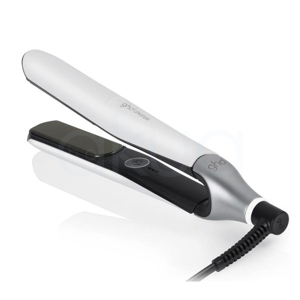 Plancha ghd Chronos color principal blanco en la parte superior y negro en la parte inferior y en las placas. Además, presenta detalles metálicos en tono plateado cerca de la base del mango H2o Akua