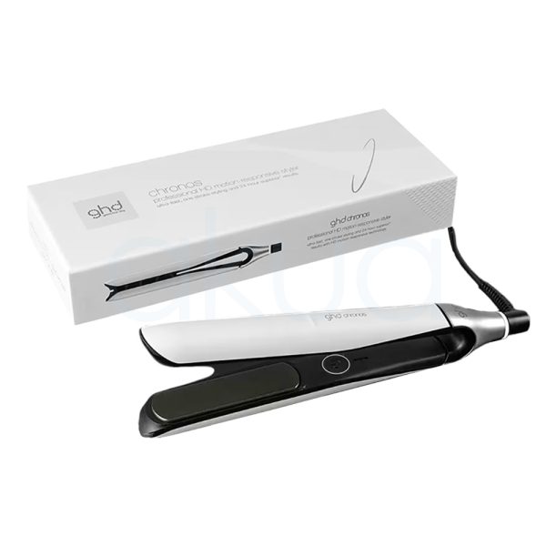 Plancha ghd Chronos color principal blanco en la parte superior y negro en la parte inferior y en las placas. Además, presenta detalles metálicos en tono plateado cerca de la base del mango H2o Akua