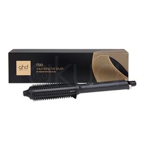 Cepillo electrico ghd Rise el color predominante en la imagen es negro mate, tanto en el cepillo eléctrico ghd rise. La caja presenta detalles en el logotipo y elementos gráficos, mientras que el cepillo tiene un pequeño anillo metálico en tono plateado cerca de la base del mango H2o Akua