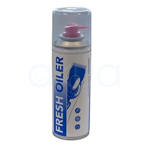 Lubricante Panasonic en spray Fresh oiler es mayoritariamente blanco con detalles en azul intenso. El texto y los iconos son azules, al igual que la ilustración de una máquina de corte. El pulverizador es de color rosa y la tapa es transparente H2o Akua