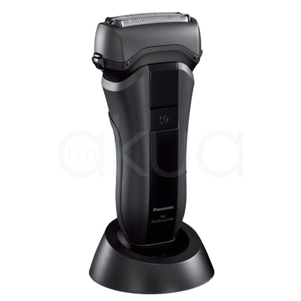 Afeitadora Panasonic ER-SP20 el color predominante es negro mate, con algunos detalles en negro brillante en la parte central del dispositivo. También se observan pequeños indicadores luminosos en blanco y un icono en rojo H2o Akua