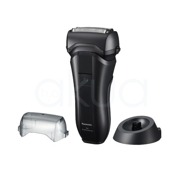 Afeitadora Panasonic ER-SP20 el color predominante es negro mate, con algunos detalles en negro brillante en la parte central del dispositivo. También se observan pequeños indicadores luminosos en blanco y un icono en rojo H2o Akua