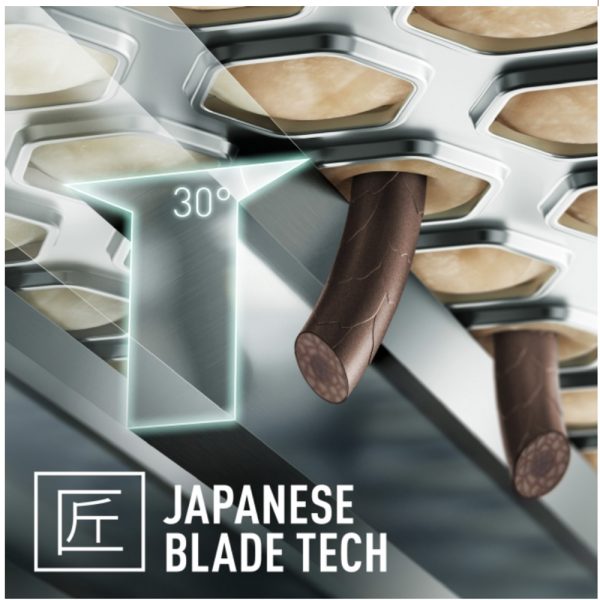 Afeitadora Panasonic ER-SP20 el color predominante es negro mate, con algunos detalles en negro brillante en la parte central del dispositivo. También se observan pequeños indicadores luminosos en blanco y un icono en rojo H2o Akua