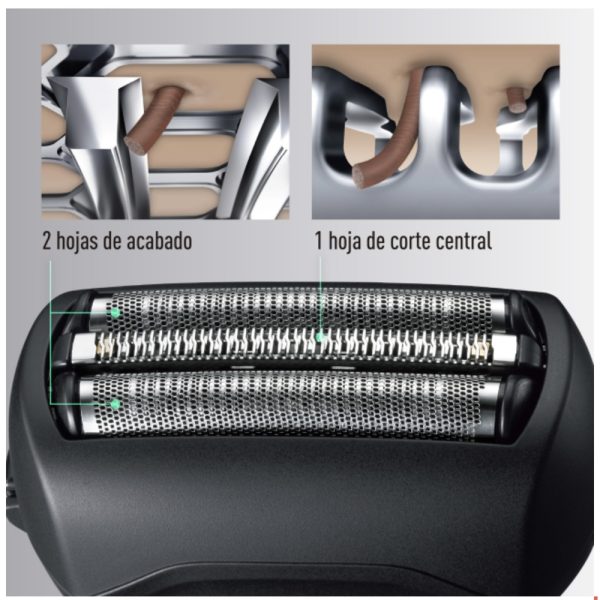 Afeitadora Panasonic ER-SP20 el color predominante es negro mate, con algunos detalles en negro brillante en la parte central del dispositivo. También se observan pequeños indicadores luminosos en blanco y un icono en rojo H2o Akua