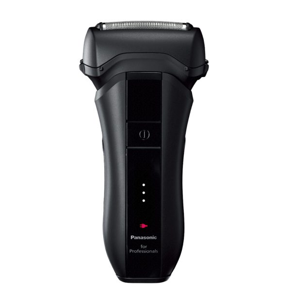 Afeitadora Panasonic ER-SP20 el color predominante es negro mate, con algunos detalles en negro brillante en la parte central del dispositivo. También se observan pequeños indicadores luminosos en blanco y un icono en rojo H2o Akua