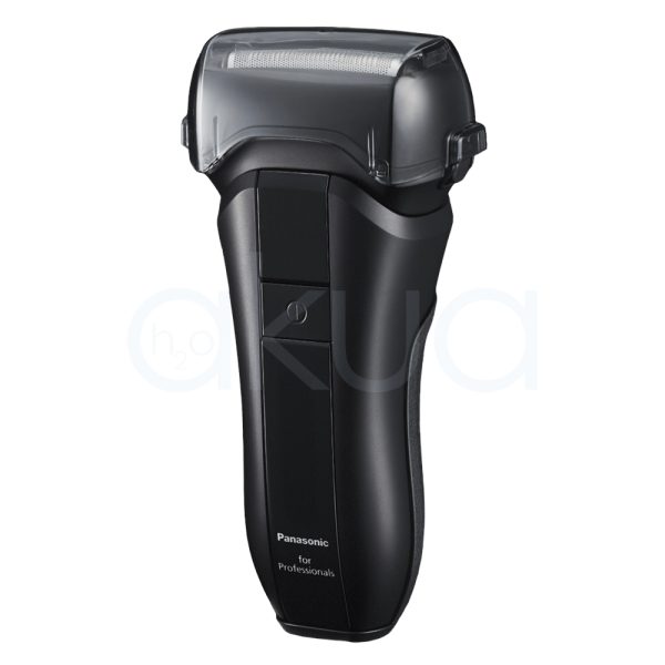 Afeitadora Panasonic ER-SP20 el color predominante es negro mate, con algunos detalles en negro brillante en la parte central del dispositivo. También se observan pequeños indicadores luminosos en blanco y un icono en rojo H2o Akua