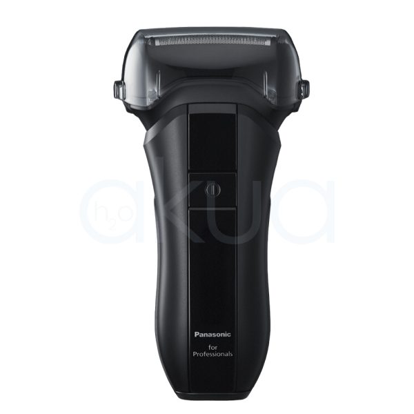Afeitadora Panasonic ER-SP20 el color predominante es negro mate, con algunos detalles en negro brillante en la parte central del dispositivo. También se observan pequeños indicadores luminosos en blanco y un icono en rojo H2o Akua