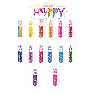 Tinte Semipermanente Hayppy el color predominante de la imagen es el rosa intenso aunque tiene diferentes empaquetados del producto .Presenta diferentes colores como amarillo, naranja, azul, etc , que cubre la mayor parte del envase. También se observan detalles en blanco, amarillo, azul, verde y plateado en los dibujos H2o Akua