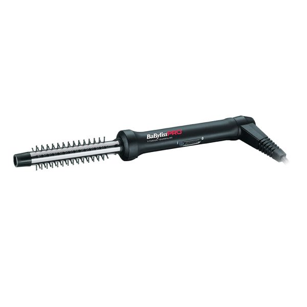 Cepillo rizador secador 15mm Babyliss pro El cuerpo del dispositivo es negro mate con detalles en gris metálico y un cabezal cilíndrico de color plateado, recubierto de púas plásticas negras H2o Akua