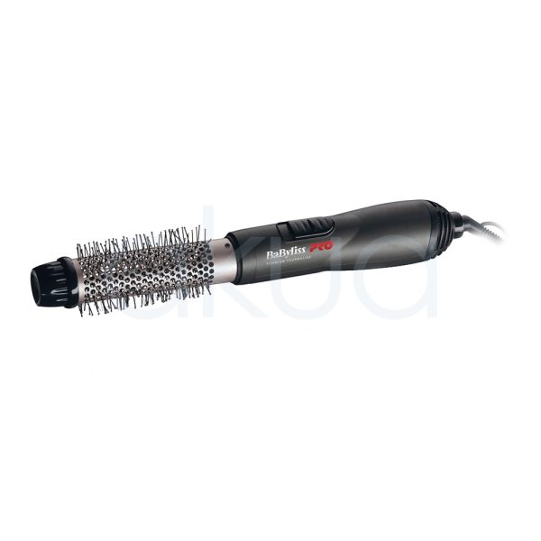 Cepillo electrico 32mm Babyliss pro El cuerpo del dispositivo es negro mate con detalles en gris metálico y un cabezal cilíndrico de color plateado, recubierto de púas plásticas negras H2o Akua