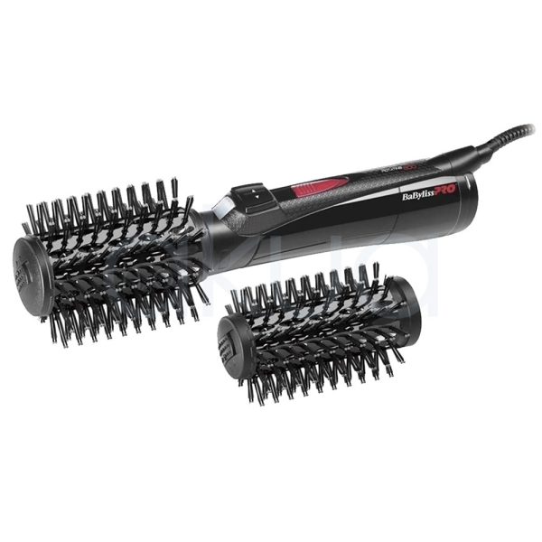 Cepillo Rotativo Moldeador Babyliss pro El color predominante de la imagen es negro mate, presente tanto en el cuerpo principal del dispositivo como en los cabezales intercambiables. Los detalles, como los botones y el logotipo "BaByliss PRO", están en blanco y rojo, lo que aporta contraste y resalta sobre el fondo oscuro H2o Akua