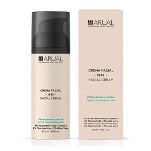 Crema facial Arual Antiedad pieles grasas y mixtas el color predominante de la imagen es beige claro, presente tanto en el envase como en la caja del producto. El dispensador y la parte superior del envase son de color negro mate H2o Akua