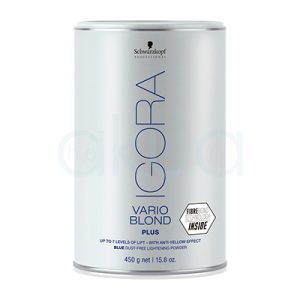 Decoloracion Igora Vario Blond plus 450gr schwarzkopf en envase cilíndrico de color blanco mate con detalles en azul y negro. En la parte frontal se destacan el nombre de la marca y el producto