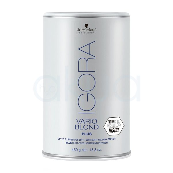 Decoloracion Igora Vario Blond plus 450gr schwarzkopf envase cilíndrico de color blanco mate con detalles en azul y negro. En la parte frontal se destacan el nombre de la marca y el producto