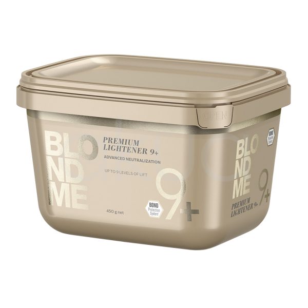 Decoloracion Premium Blondme Color 9+ Schwarzkopf 450gr envase rectangular de color dorado metálico con tapa a juego H2o Akua