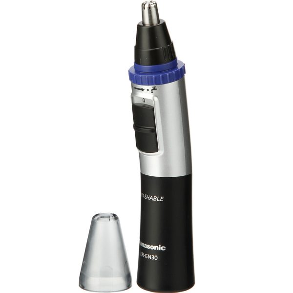 Maquina Panasonic ER-GN30 combina colores negro mate en la parte inferior, plata metálico en el centro y azul en la zona superior, con detalles en negro brillante alrededor de la cuchilla H2o Akua
