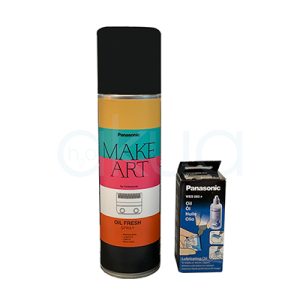 Kit Panasonic mantenimiento maquinas presenta una tapa negra y un cuerpo dividido en franjas horizontales de color mostaza (superior), turquesa (debajo del mostaza), rosa coral (zona central) y naranja (inferior), con la base también en negro. El envase del aceite lubricante Panasonic es principalmente negro, con detalles en azul y blanco, y pequeños gráficos en beige y gris H2o Akua