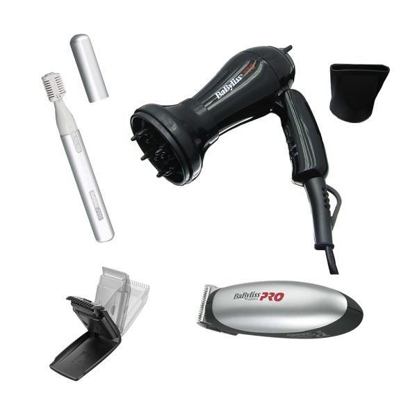 Kit Viaje hombres Babyliss Pro se compone de diferentes articulos con el secador en color predominante en negro, maquina mini en color blanco, peine ajustable en negro con tapa transparente y rasurado en color metalico con toques en negro H2o Akua