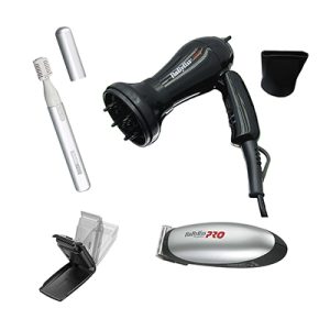 Kit Viaje hombres Babyliss Pro se compone de diferentes articulos con el secador en color predominante en negro, maquina mini en color blanco, peine ajustable en negro con tapa transparente y rasurado en color metalico con toques en negro H2o Akua