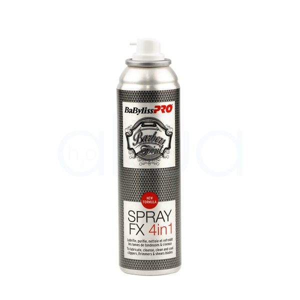 Lubricante en spray 4 en 1 FX Babyliss pro El color predominante de la imagen es negro, presente en la tapa y en la mayor parte del cuerpo del envase. La etiqueta central combina tonos gris metálico con un patrón de puntos, y el logo aparece en negro y rojo H2o Akua