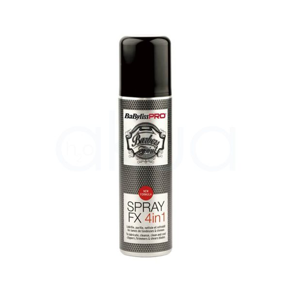 Lubricante en spray 4 en 1 FX Babyliss pro El color predominante de la imagen es negro, presente en la tapa y en la mayor parte del cuerpo del envase. La etiqueta central combina tonos gris metálico con un patrón de puntos, y el logo aparece en negro y rojo H2o Akua