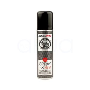 Lubricante en spray 4 en 1 FX Babyliss pro El color predominante de la imagen es negro, presente en la tapa y en la mayor parte del cuerpo del envase. La etiqueta central combina tonos gris metálico con un patrón de puntos, y el logo aparece en negro y rojo H2o Akua