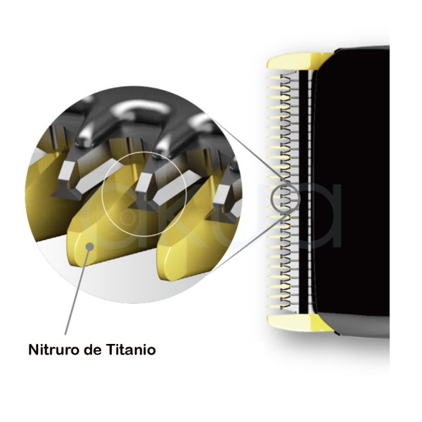 Maquina Panasonic ER-HGP 84 El color predominante de la imagen es negro mate, presente en la mayor parte del cuerpo de la máquina. Destacan detalles en dorado brillante en la zona de las cuchillas, así como pequeños indicadores luminosos en blanco y rojo en la parte frontal H2o Akua
