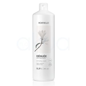 Oxigenada Denuee 11Vol. Montibello 1000ml El envase es de color blanco, de forma cilíndrica y con tapón dosificador en la parte superior. En la etiqueta se aprecia una ilustración de una flor en tonos suaves y el nombre del producto H2o Akua