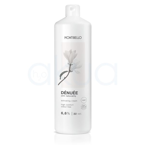 Oxigenada Denuee 22Vol. Montibello 1000ml El envase es de color blanco, de forma cilíndrica y con tapón dosificador en la parte superior. En la etiqueta se aprecia una ilustración de una flor en tonos suaves y el nombre del producto H2o Akua