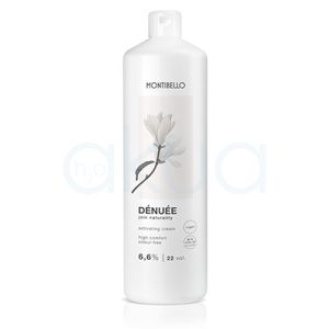 Oxigenada Denuee 22Vol. Montibello 1000ml El envase es de color blanco, de forma cilíndrica y con tapón dosificador en la parte superior. En la etiqueta se aprecia una ilustración de una flor en tonos suaves y el nombre del producto H2o Akua