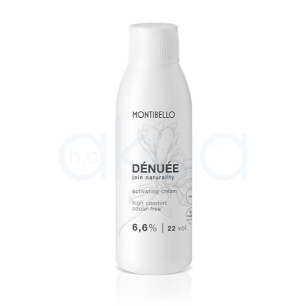Oxigenada Denuee 22 Vol. Montibello 90ml El envase es de color blanco, de forma cilíndrica y con tapón dosificador en la parte superior. En la etiqueta se aprecia una ilustración de una flor en tonos suaves y el nombre del producto H2o Akua