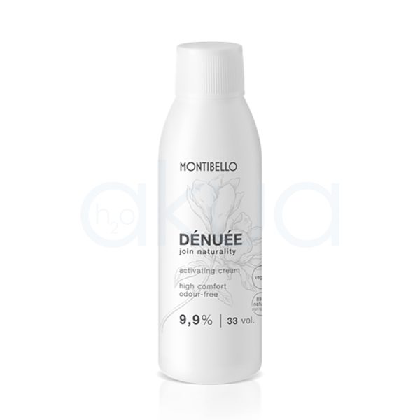 Oxigenada 33Vol denuee montibello 90ml El envase es de color blanco, de forma cilíndrica y con tapón dosificador en la parte superior. En la etiqueta se aprecia una ilustración de una flor en tonos suaves y el nombre del producto H2o Akua