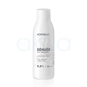 Oxigenada 33Vol denuee montibello 90m lEl envase es de color blanco, de forma cilíndrica y con tapón dosificador en la parte superior. En la etiqueta se aprecia una ilustración de una flor en tonos suaves y el nombre del producto H2o Akua