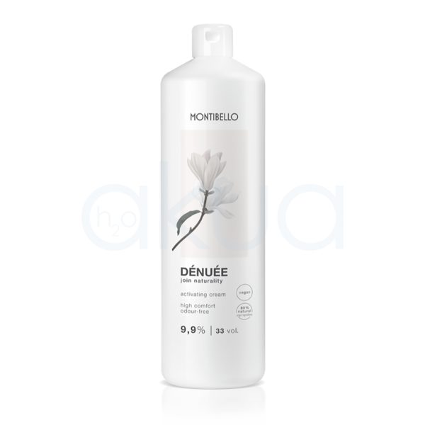 Oxigenada Denuee 33Vol. Montibello 1000ml El envase es de color blanco, de forma cilíndrica y con tapón dosificador en la parte superior. En la etiqueta se aprecia una ilustración de una flor en tonos suaves y el nombre del producto H2o Akua