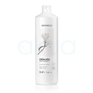 Oxigenada Denuee 33Vol. Montibello 1000ml El envase es de color blanco, de forma cilíndrica y con tapón dosificador en la parte superior. En la etiqueta se aprecia una ilustración de una flor en tonos suaves y el nombre del producto H2o Akua