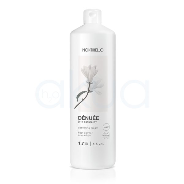 Oxigenada 5.5Vol denuee montibello 1000ml El envase es de color blanco, de forma cilíndrica y con tapón dosificador en la parte superior. En la etiqueta se aprecia una ilustración de una flor en tonos suaves y el nombre del producto H2o Akua