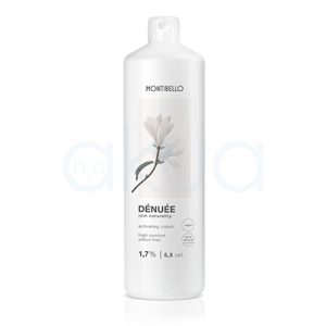 Oxigenada 5.5Vol denuee montibello 1000ml El envase es de color blanco, de forma cilíndrica y con tapón dosificador en la parte superior. En la etiqueta se aprecia una ilustración de una flor en tonos suaves y el nombre del producto H2o Akua