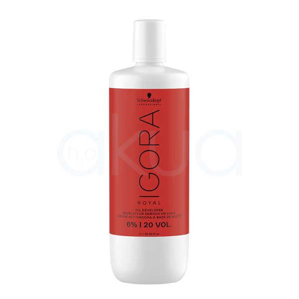 Oxigenada 20vol Igora 1000ml envase cilíndrico, de color blanco con una etiqueta roja que cubre la mayor parte de la superficie H2o Akua